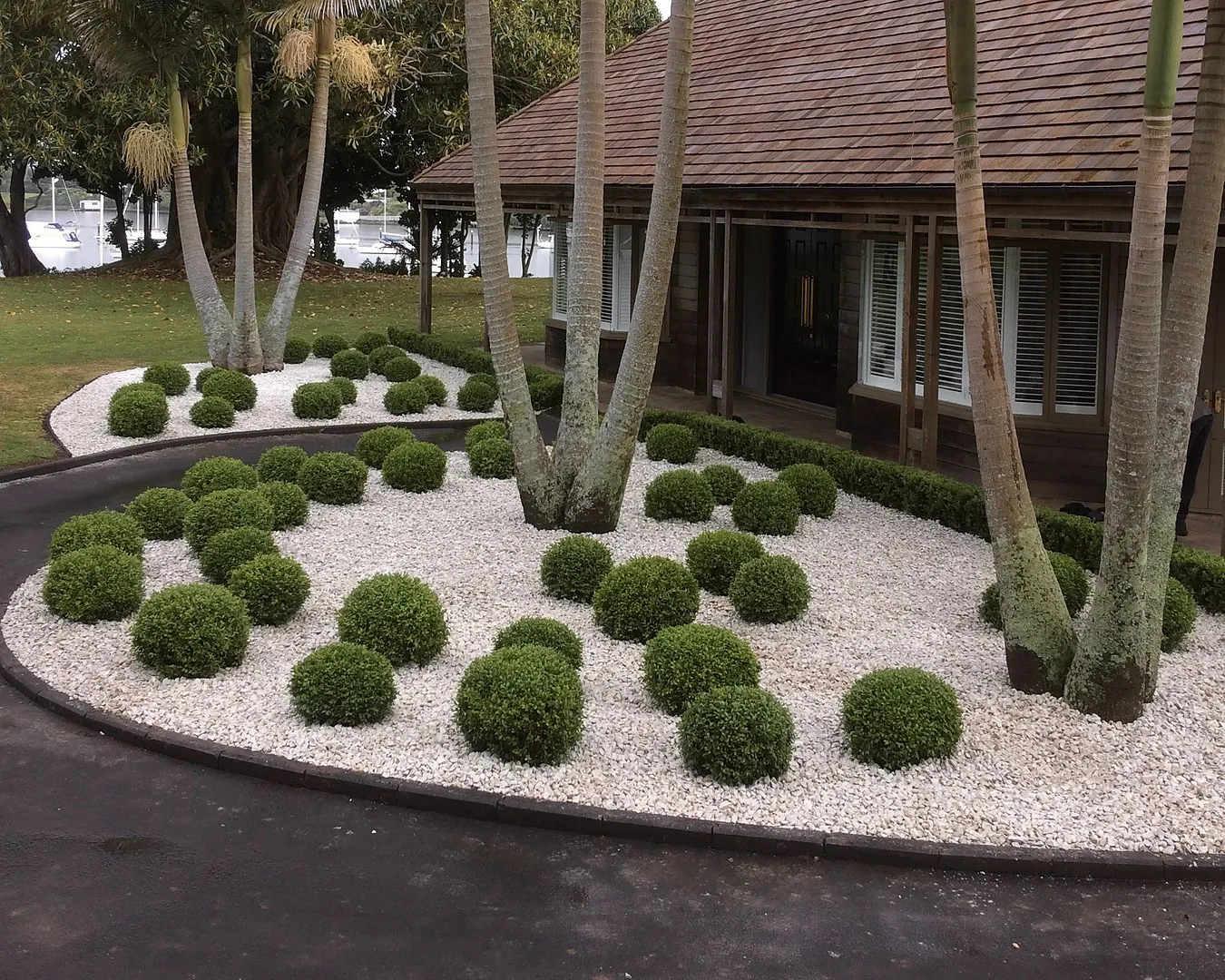 Clipped ball topiary set in white gravel around a house
